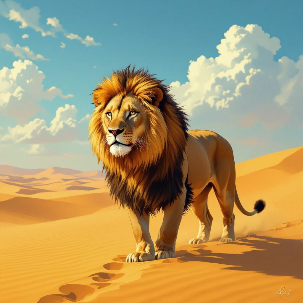 Lion Roaming Sahari Desert Dunes in Warm Light