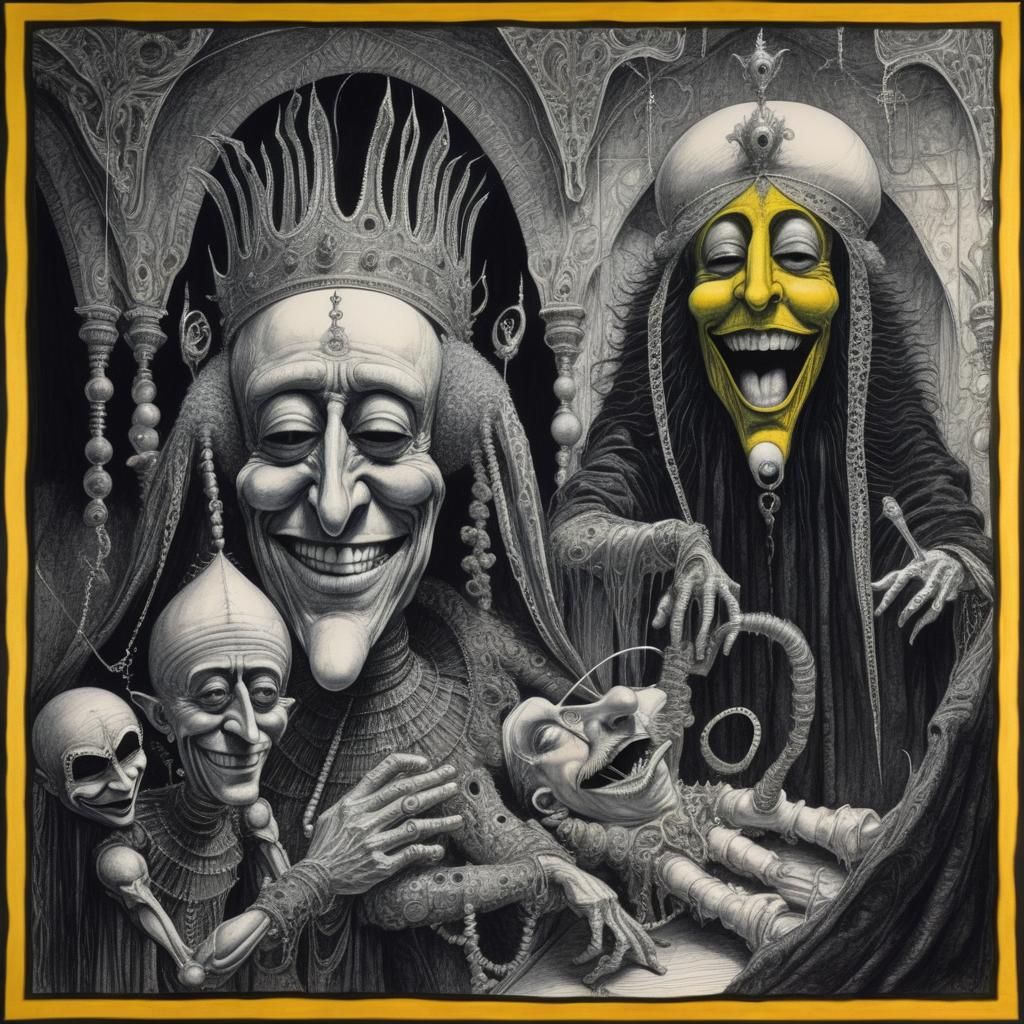 Crimson Court: Surrealist Ink Drawing of Jesters