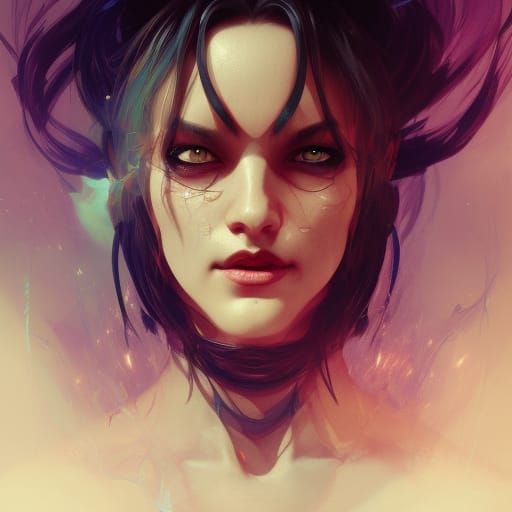 Detailed Demon Mage Portrait in Triadic Colors