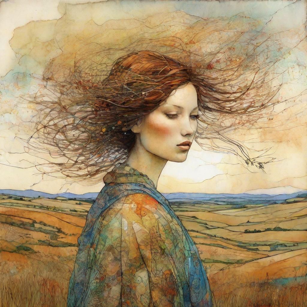 Girl on Windy Hill: Art Brut Digital Illustration