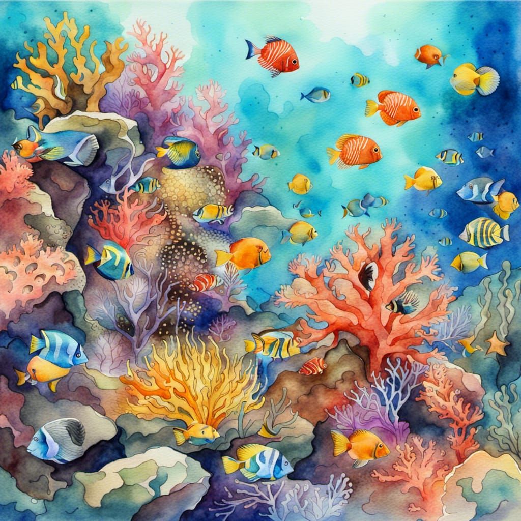 Watercolor Coral Reef with Tropical Fish