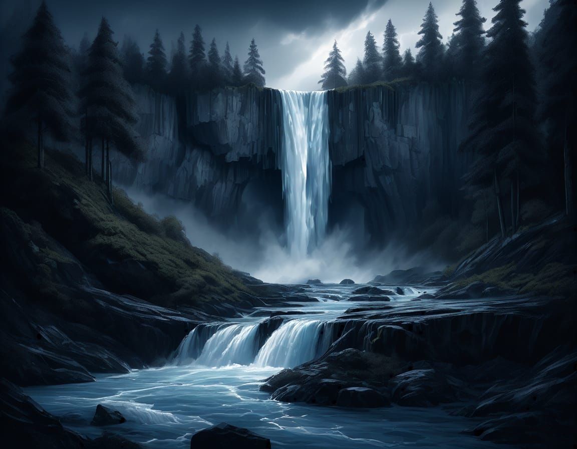 Dramatic Monochromatic Waterfall in Dark Stormy Night