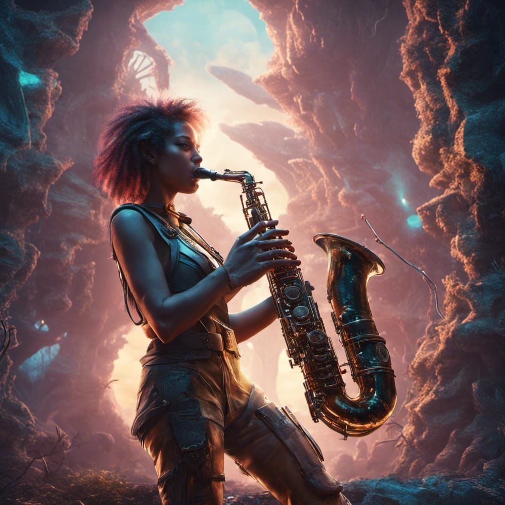 Sci-Fi Girl Saxophonist in Alien Ruins