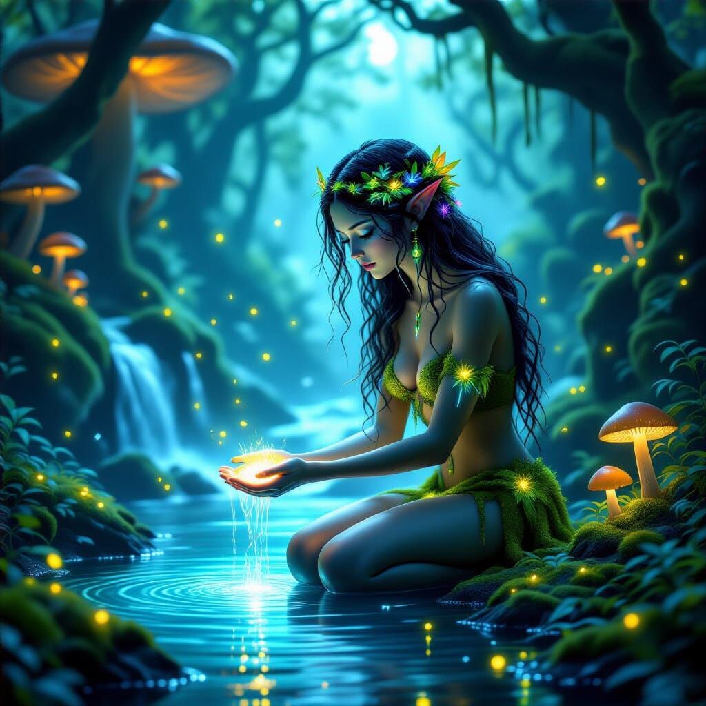 Forest Spirit Kneels by Waterfall in Ethereal Moonlight