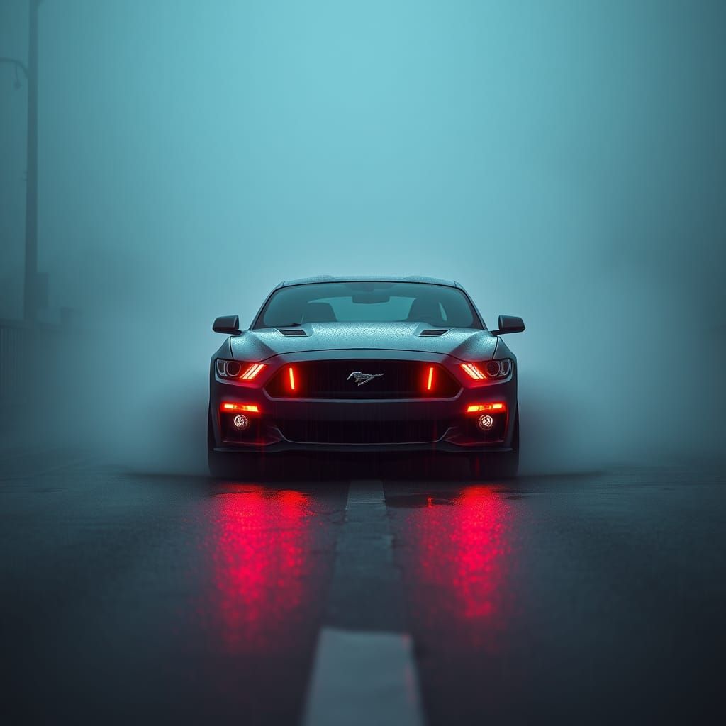 Mustang in Fog: Synthwave Dystopian Scene