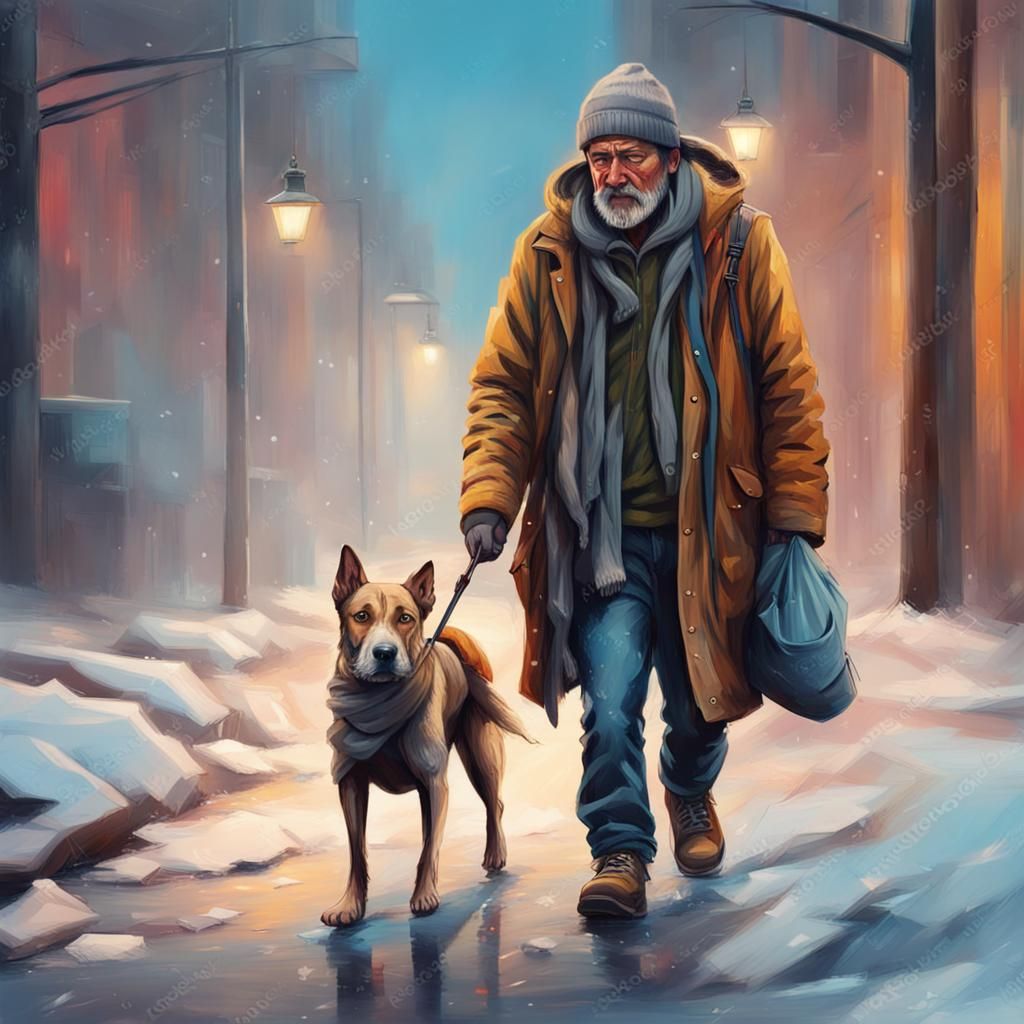 Homeless Man and Dog in Winter: Hyperrealistic Art