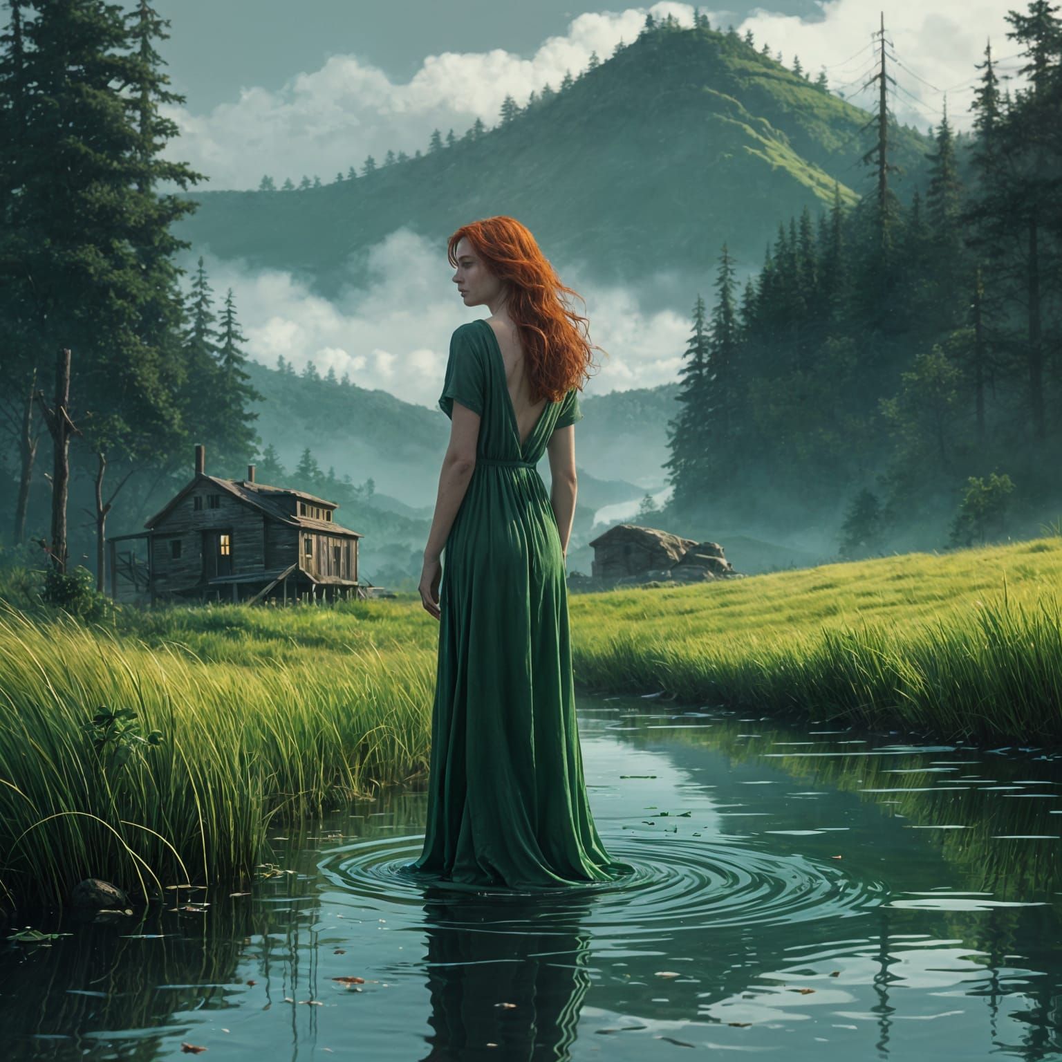 Sultry Redhead Goddess in Emerald Splash Art