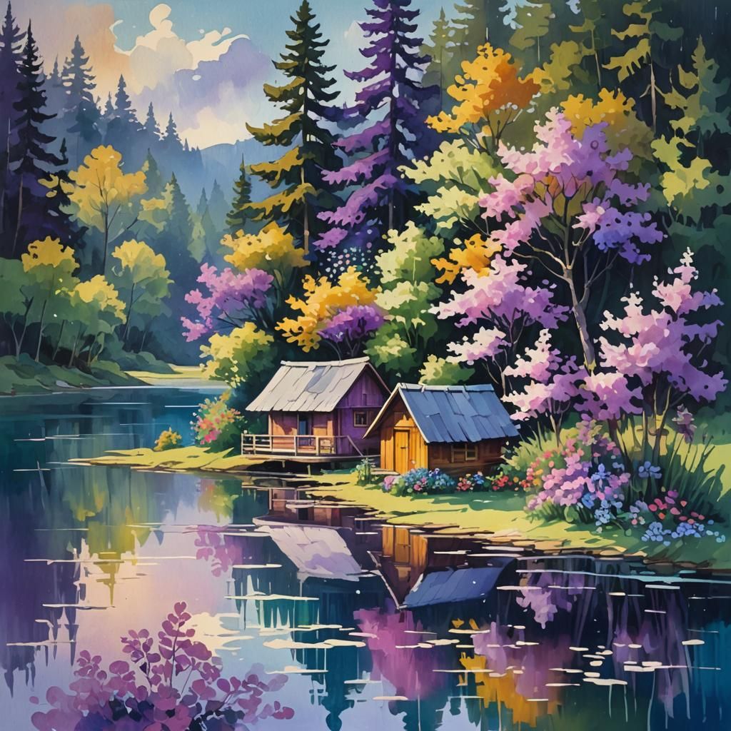Surreal Gouache Landscape with Purple Reflections