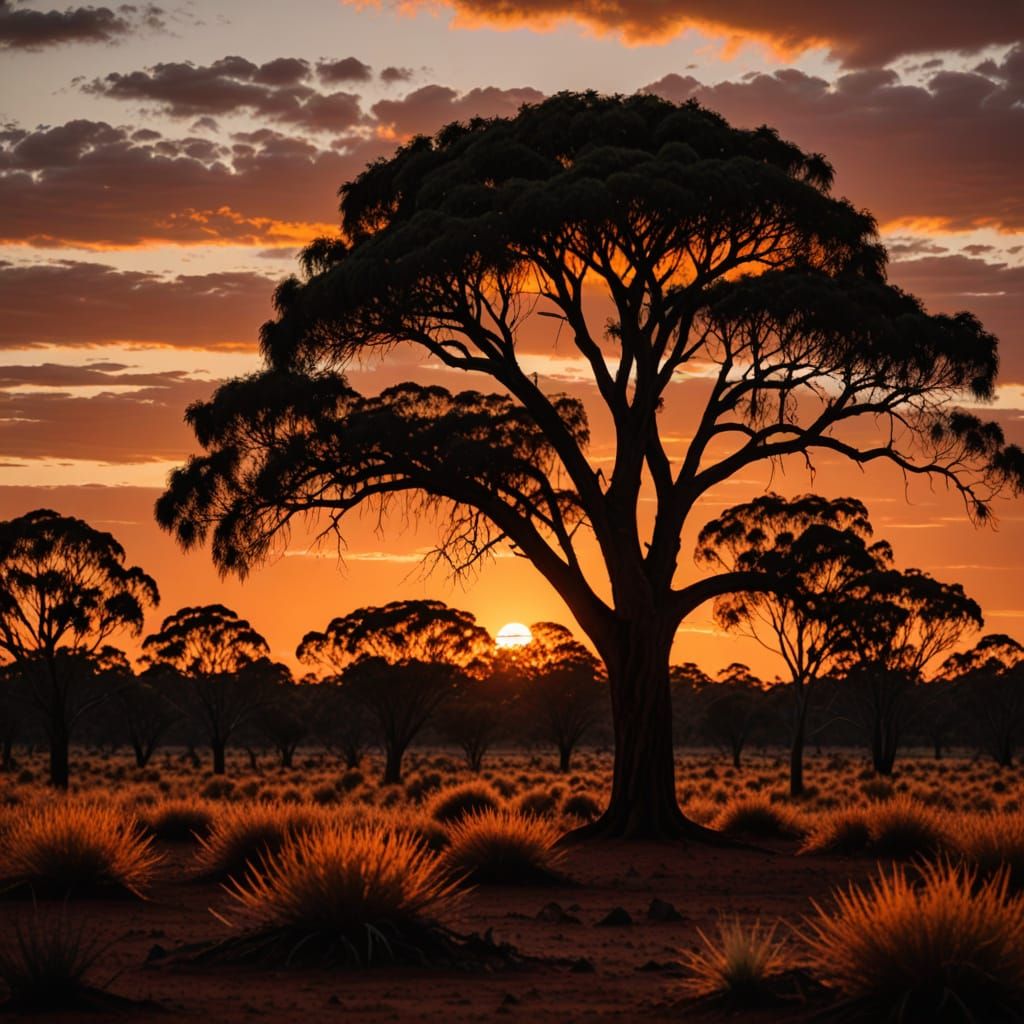 Australian Outback Sunset with Eucalyptus Tree