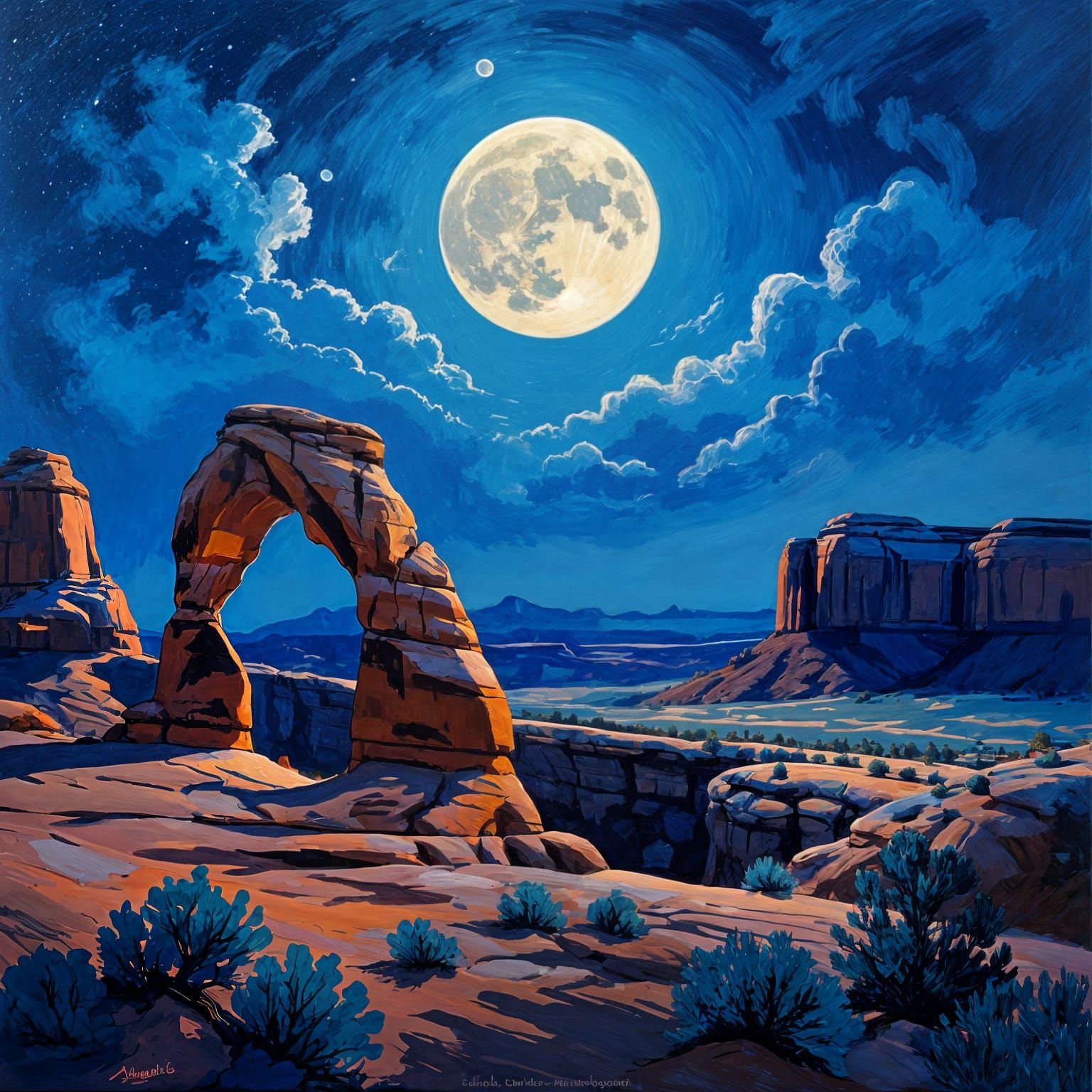 Arches National Park at Night in Impressionistic Style