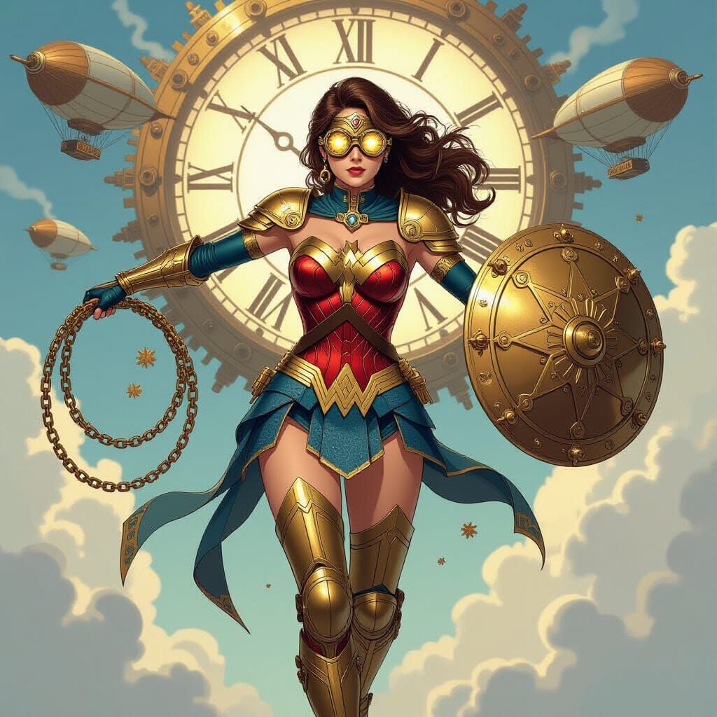 Steampunk Wonder Woman Soaring Through Clockwork Sky