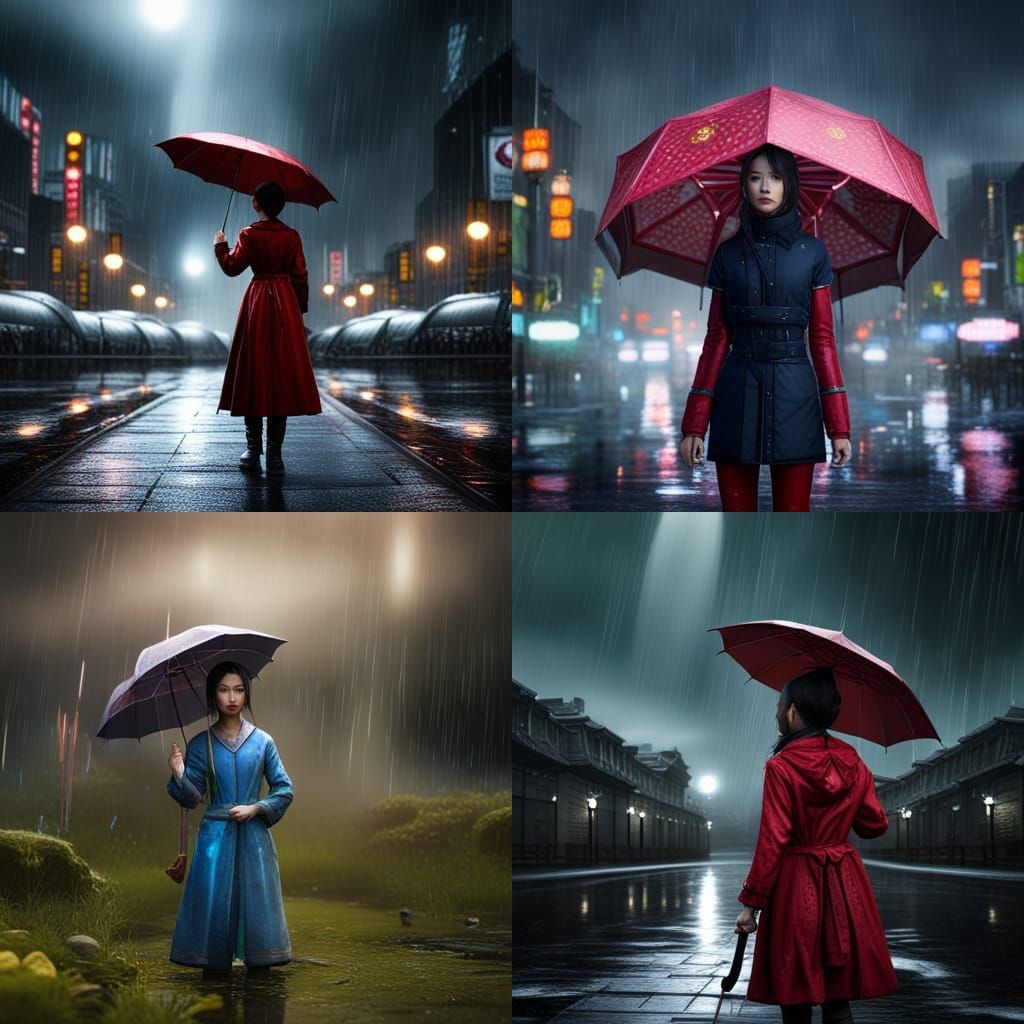 Asian Girl with Umbrella in Detailed Digital Painting