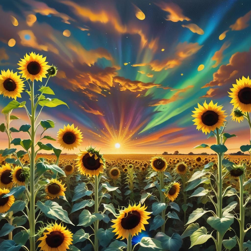 Cosmic Sunflower Field: Hyperrealistic Visionary Art