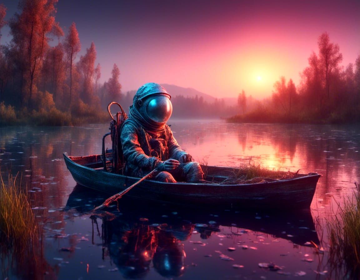Lonely Spaceman in Rowboat at Sunset