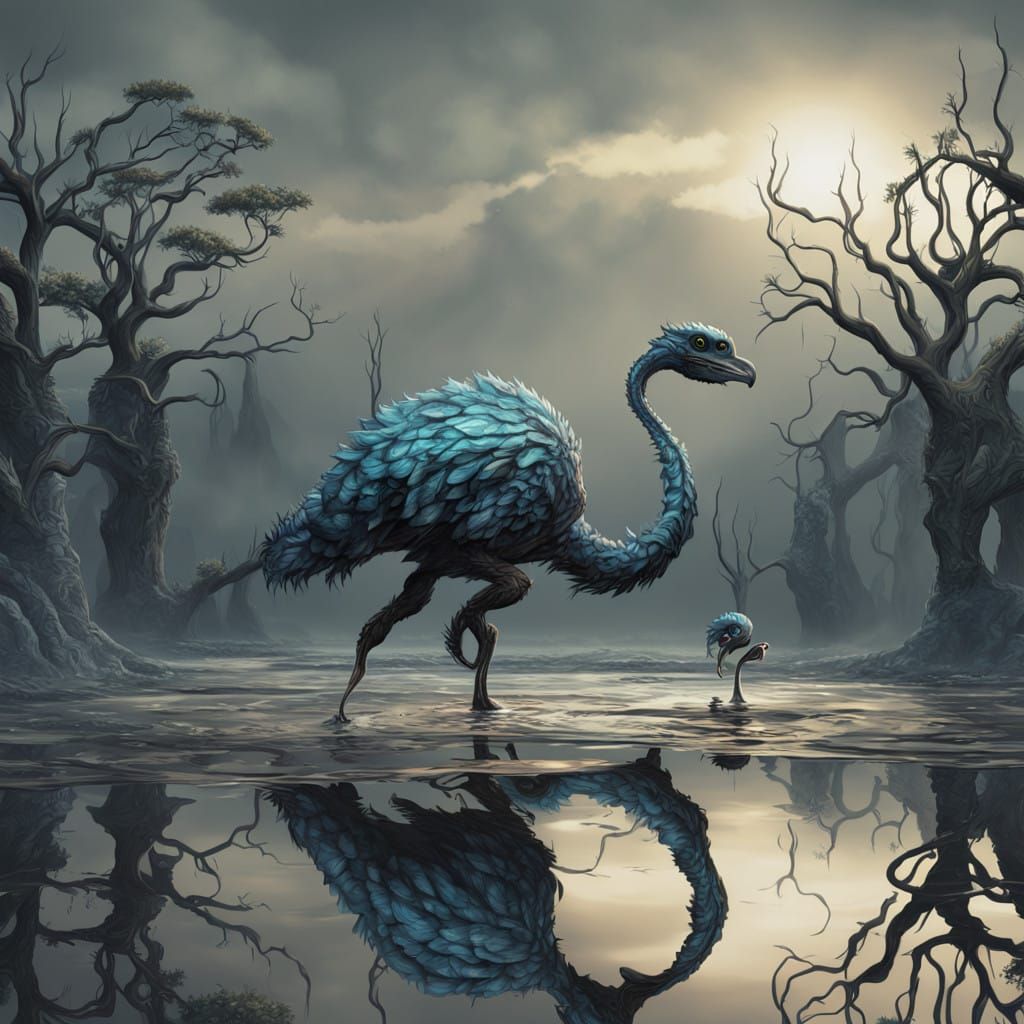 Surreal Biomechanical Ostriches in Dali-Inspired Landscape