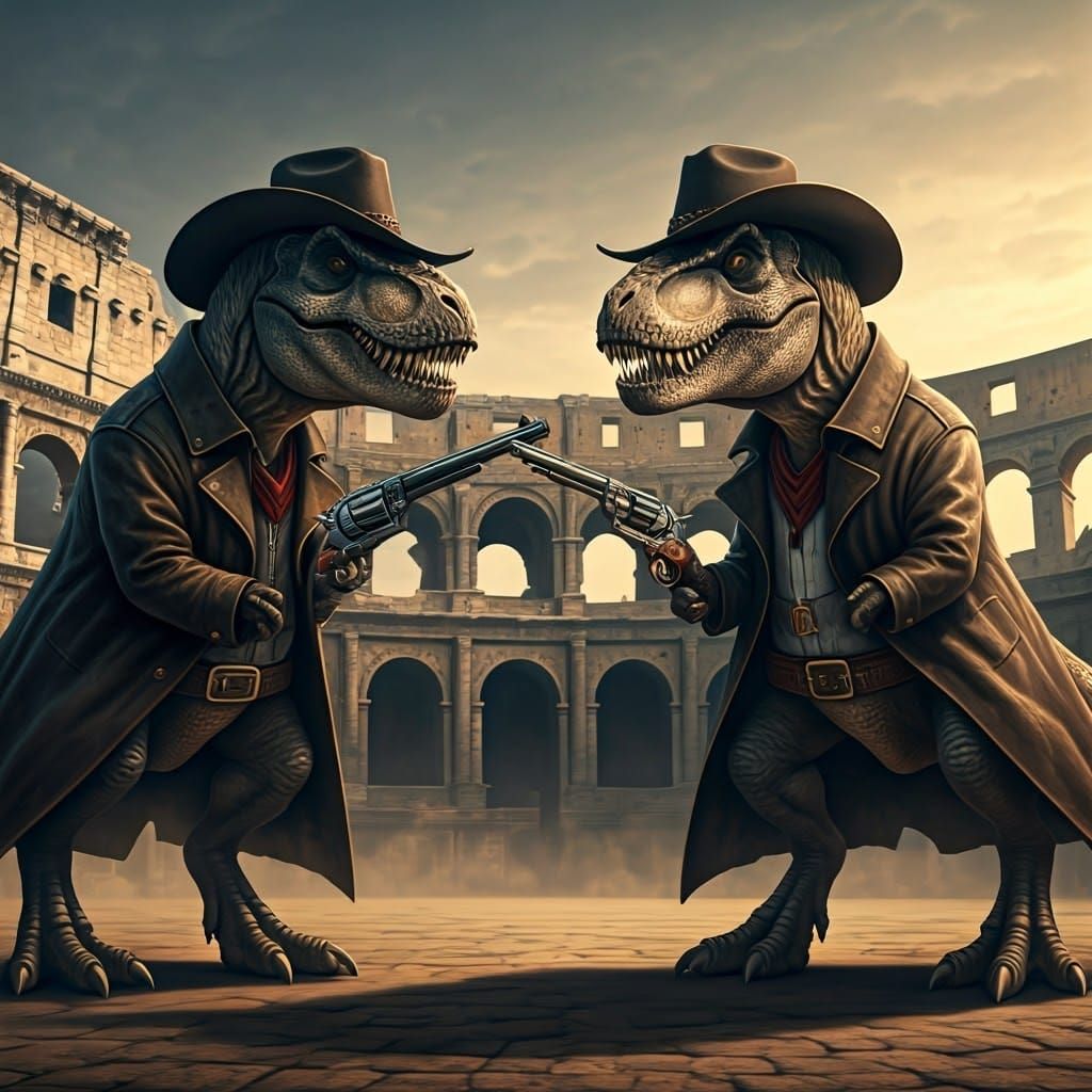 T-Rex Showdown at the Colosseum: Western Cinematic Scene