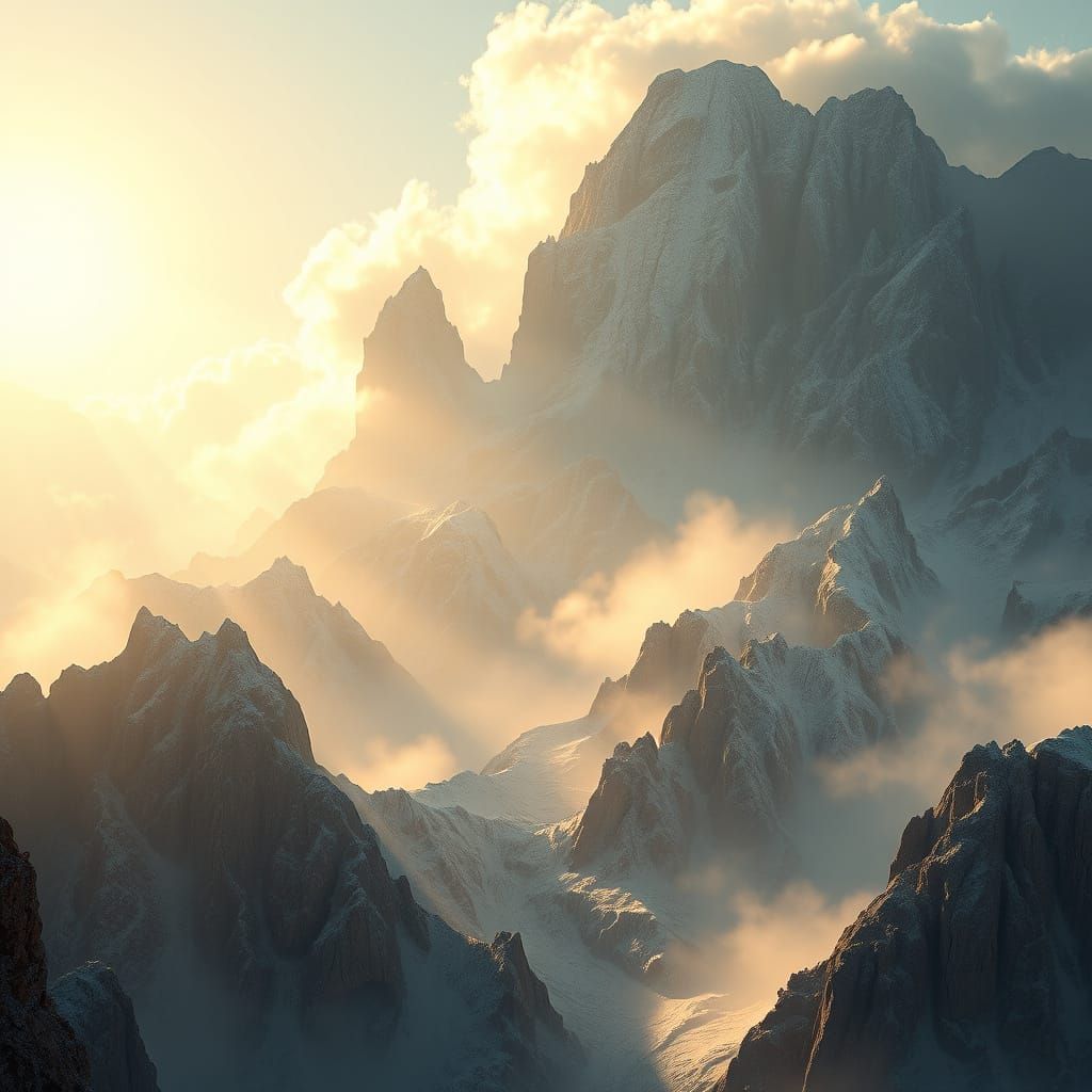 Ethereal Futuristic Mountainscape with Celestial Aura