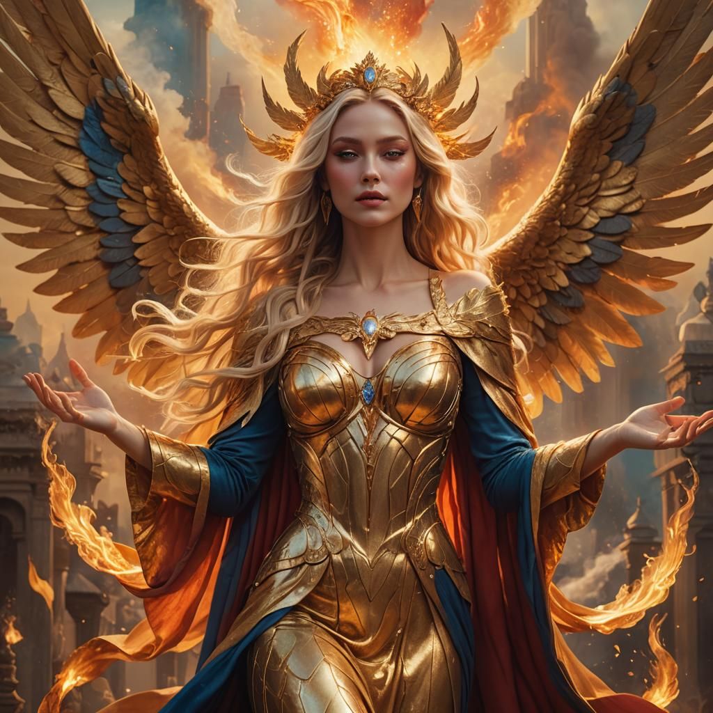 Radiant Winged Goddess in Golden Fire