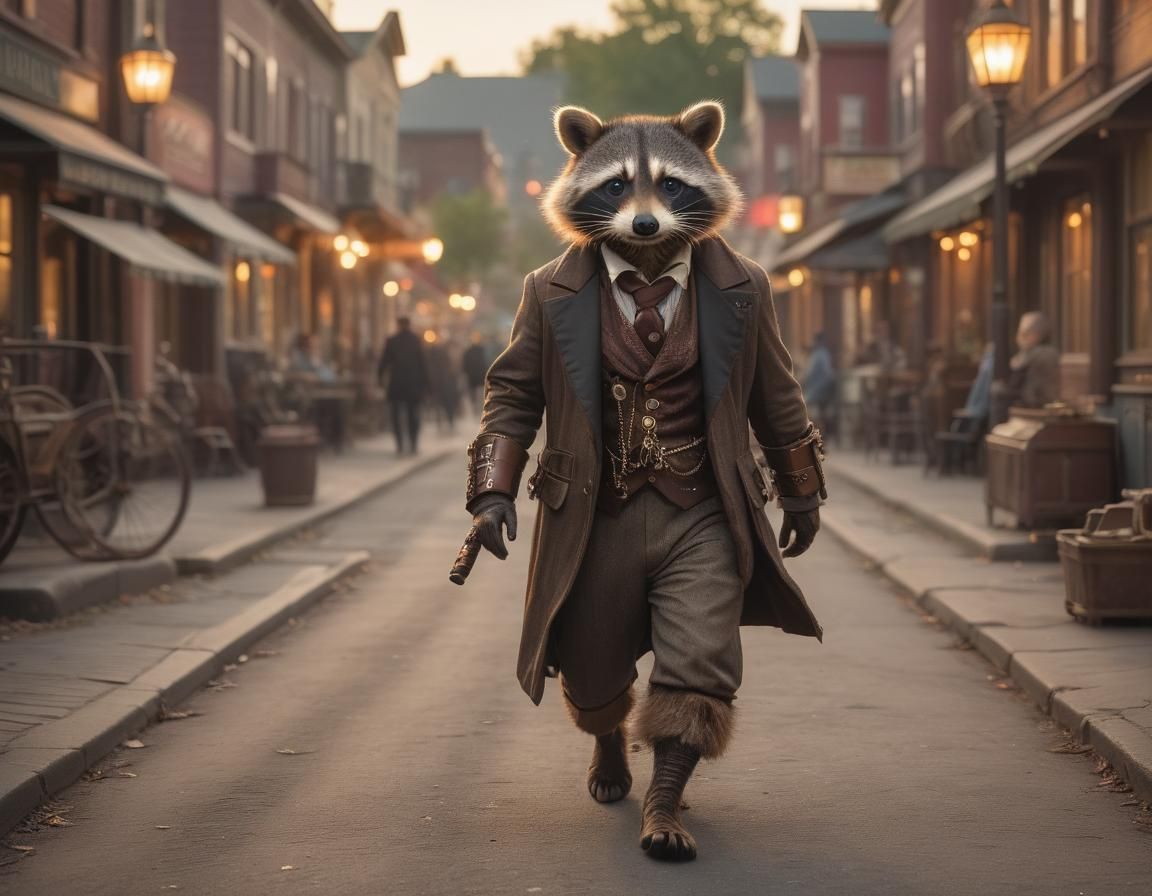 Raccoon Steampunk Adventure in Sunset Light