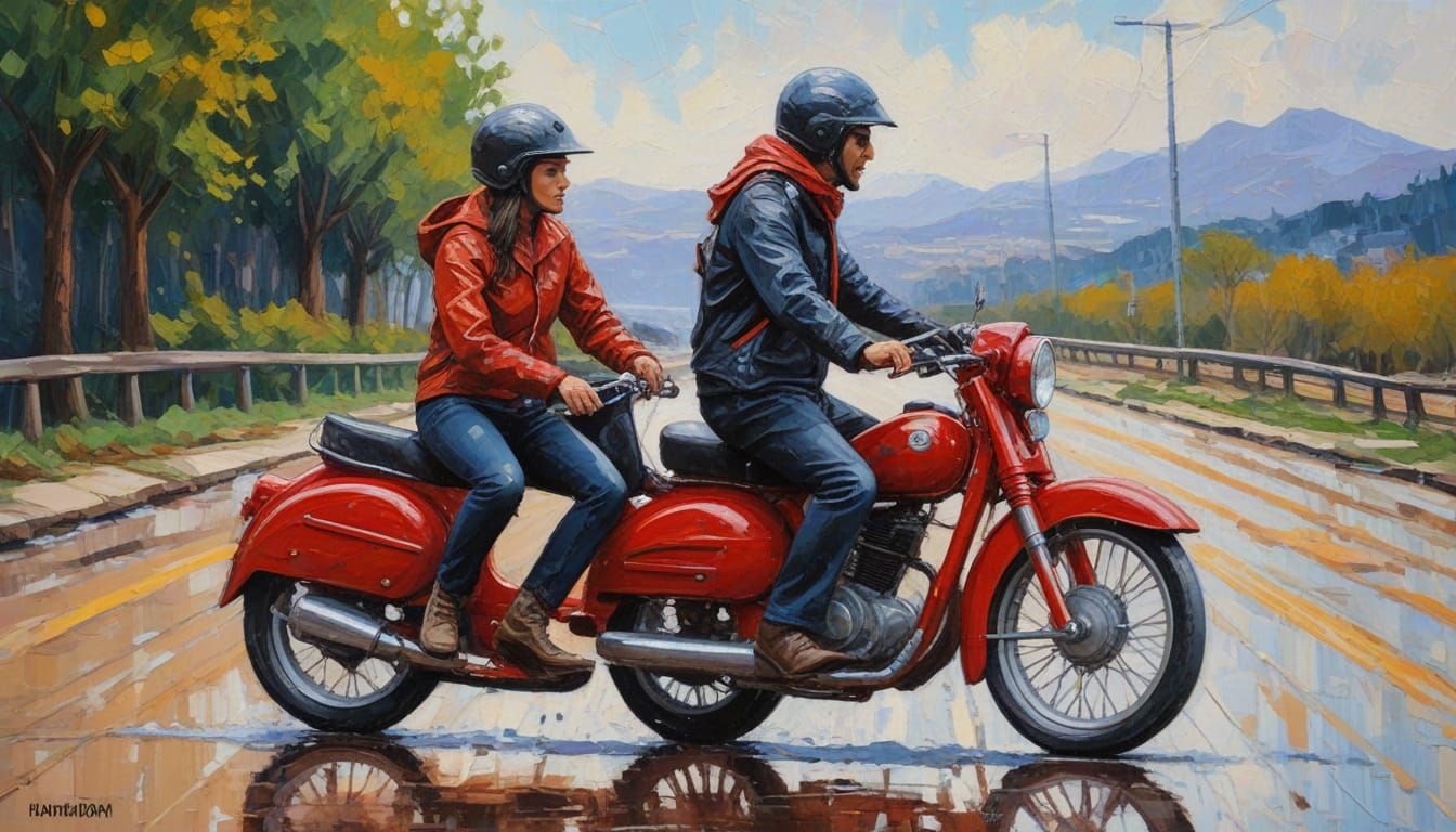 Couple Riding Motorcycle in Neo-Impressionist Style