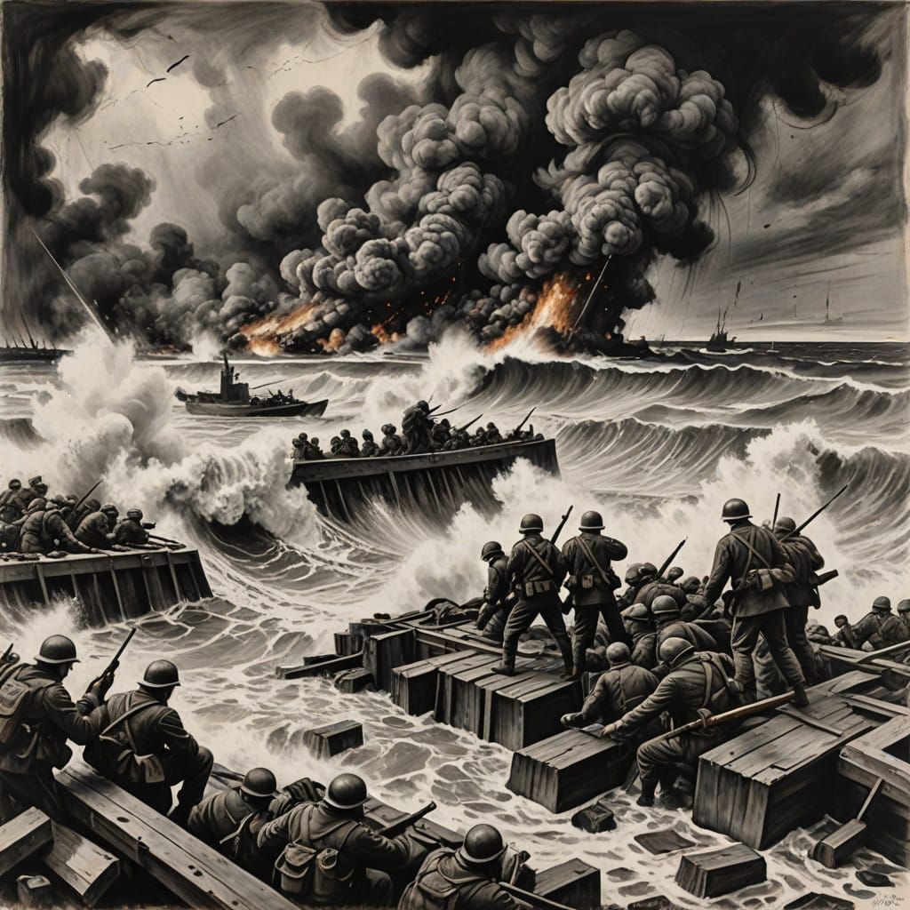 Gritty D-Day Landing as Charcoal Drawing
