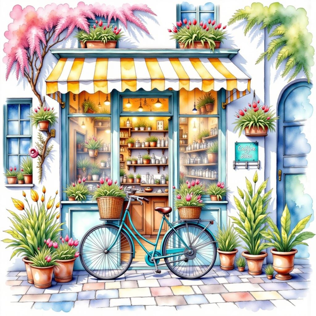 Dreamy Coffee Shop Scene in Whimsical Watercolor Style