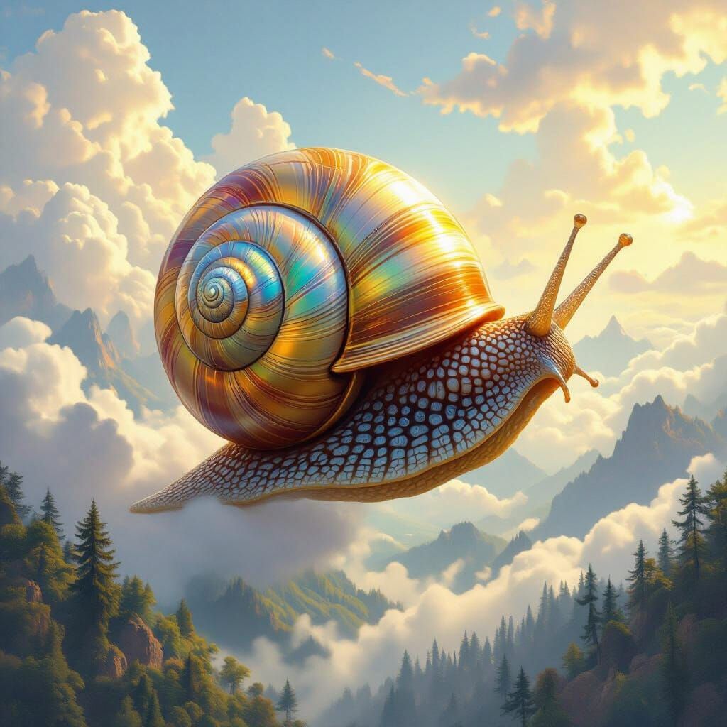 Flying Snail Soaring Over Ancient Forest