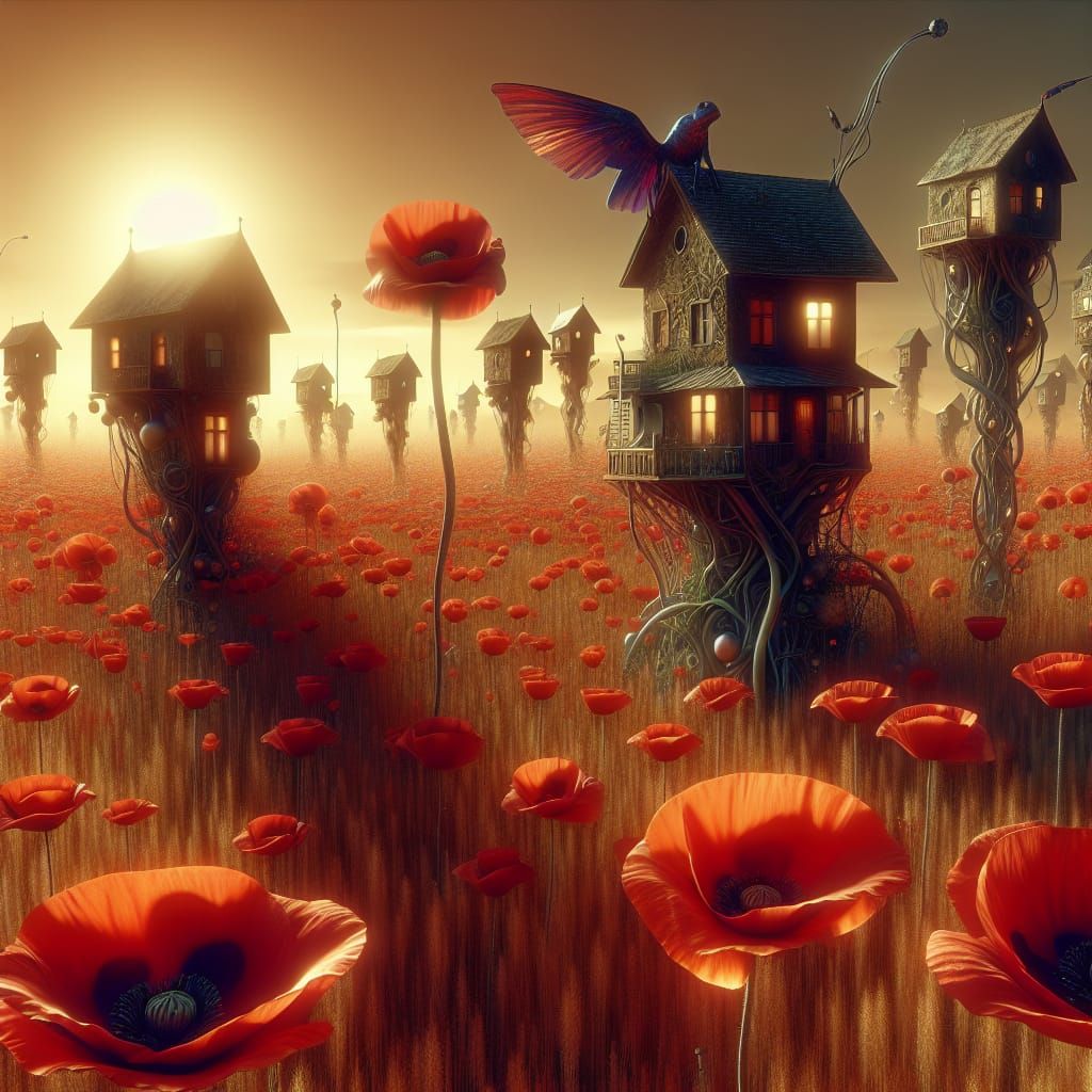 Surreal Poppy Field Houses in Sunset Light