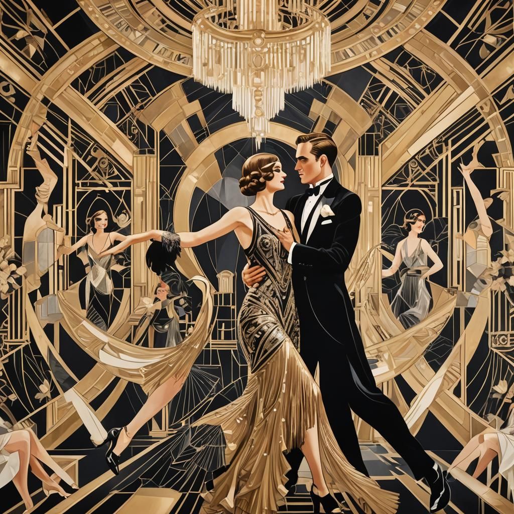 Elegant Dancers in Art Deco Ballroom Painting