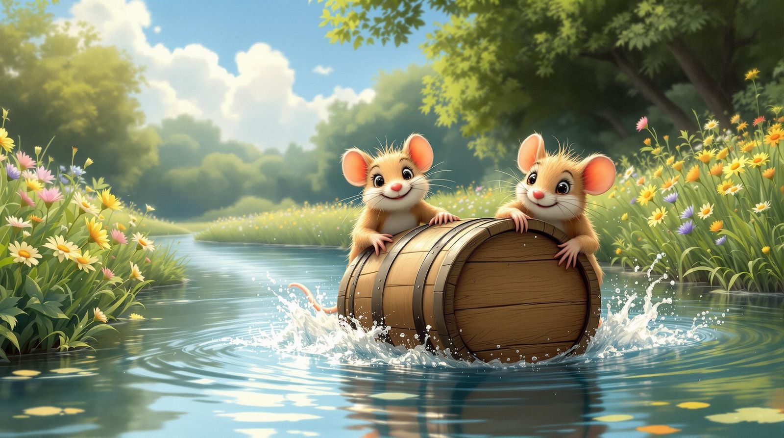 Whimsical River Adventure with Playful Mice