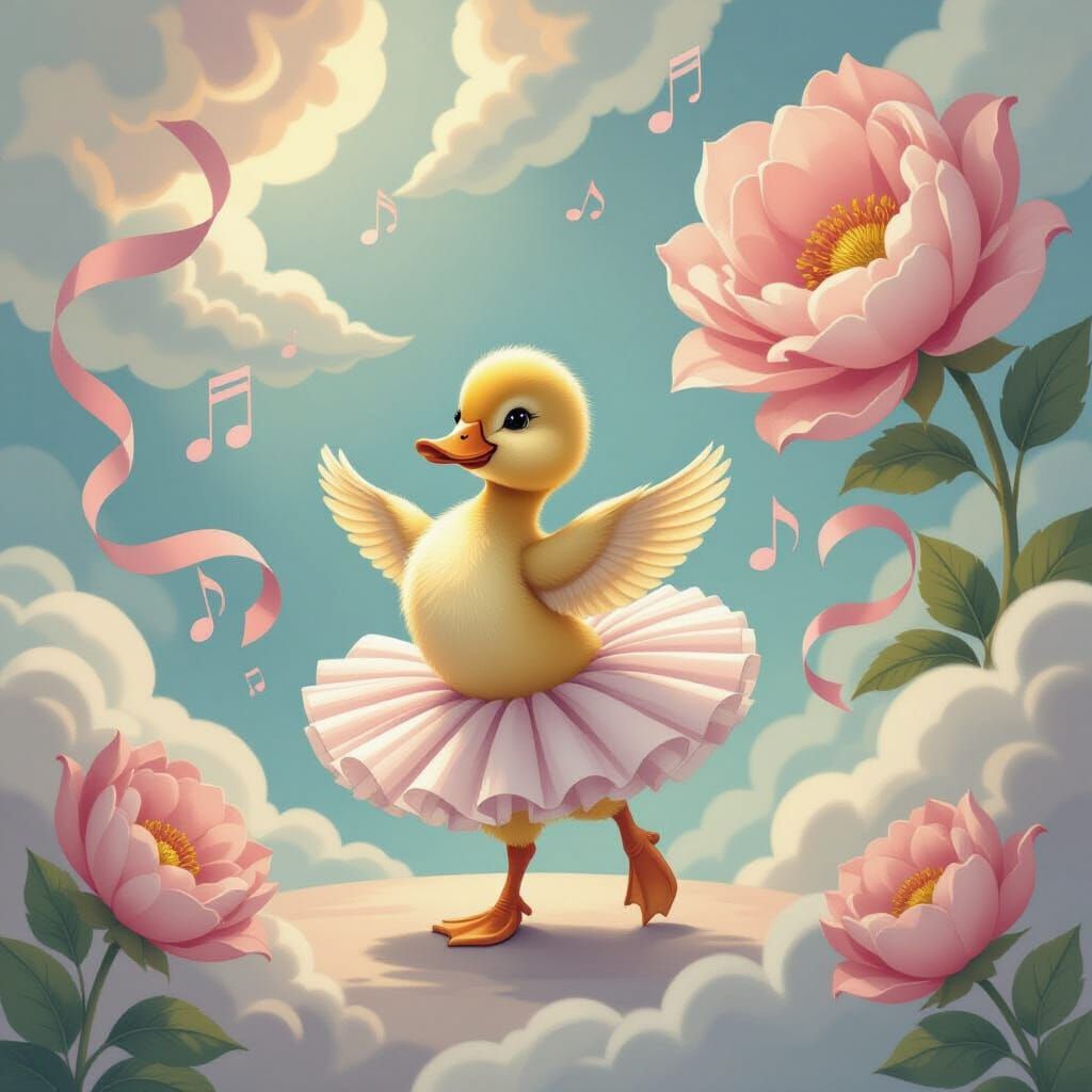 Duckling Ballet in a Whimsical Dreamscape