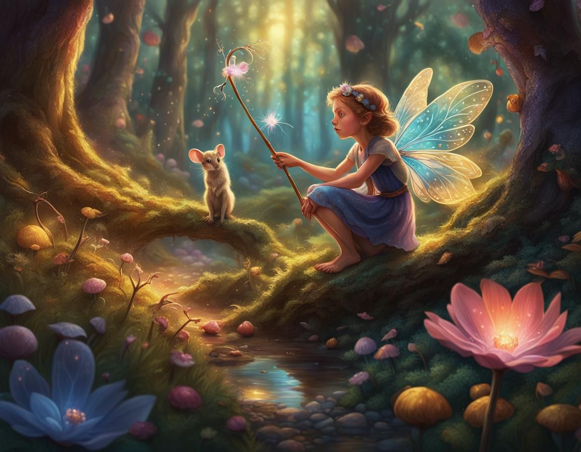 Wise Fairy Teaching Mice in Whimsical Forest