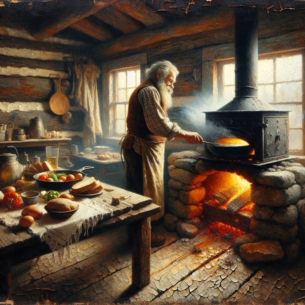 Rustic Kitchen Scene: An Oil Painting of Culinary Life