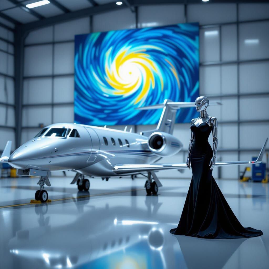 Silver Learjet, Robotic Woman, and Abstract Art in Hangar