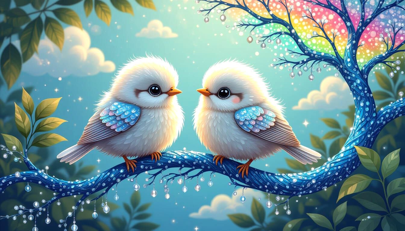 Vibrant Stitched Birds on Branch in Embroidered Dreamscape