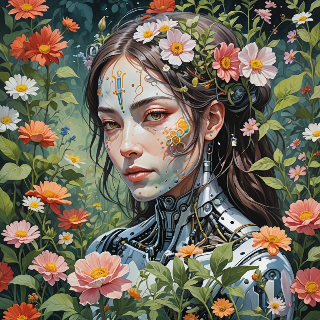 Cyborg Smelling Flower: Detailed Gouache Painting