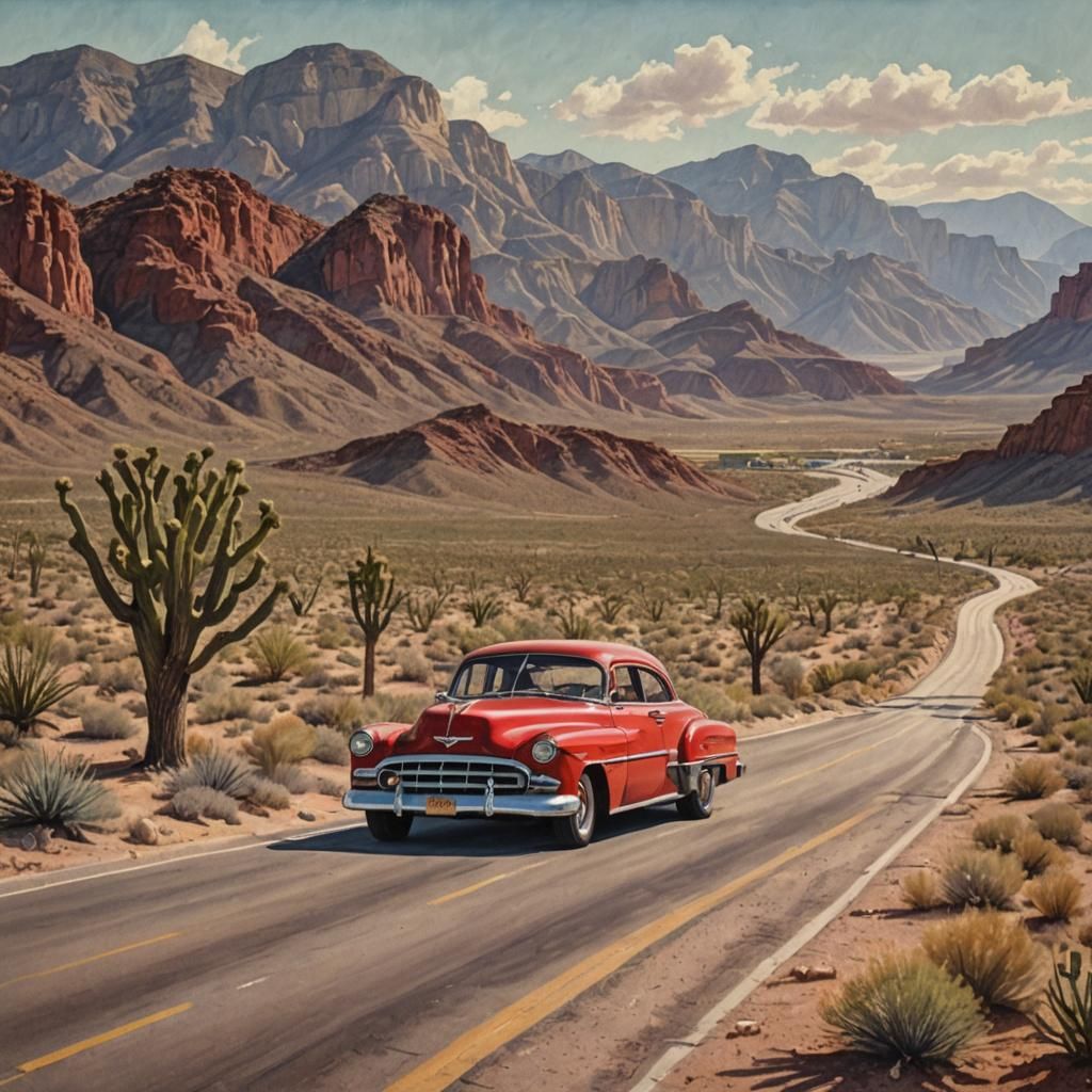 Desert Road Trip in Gouache Impressionist Style