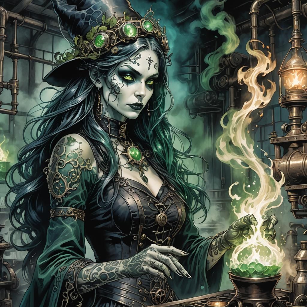 Steampunk Witch Stirring Potion in Ink Wash Style