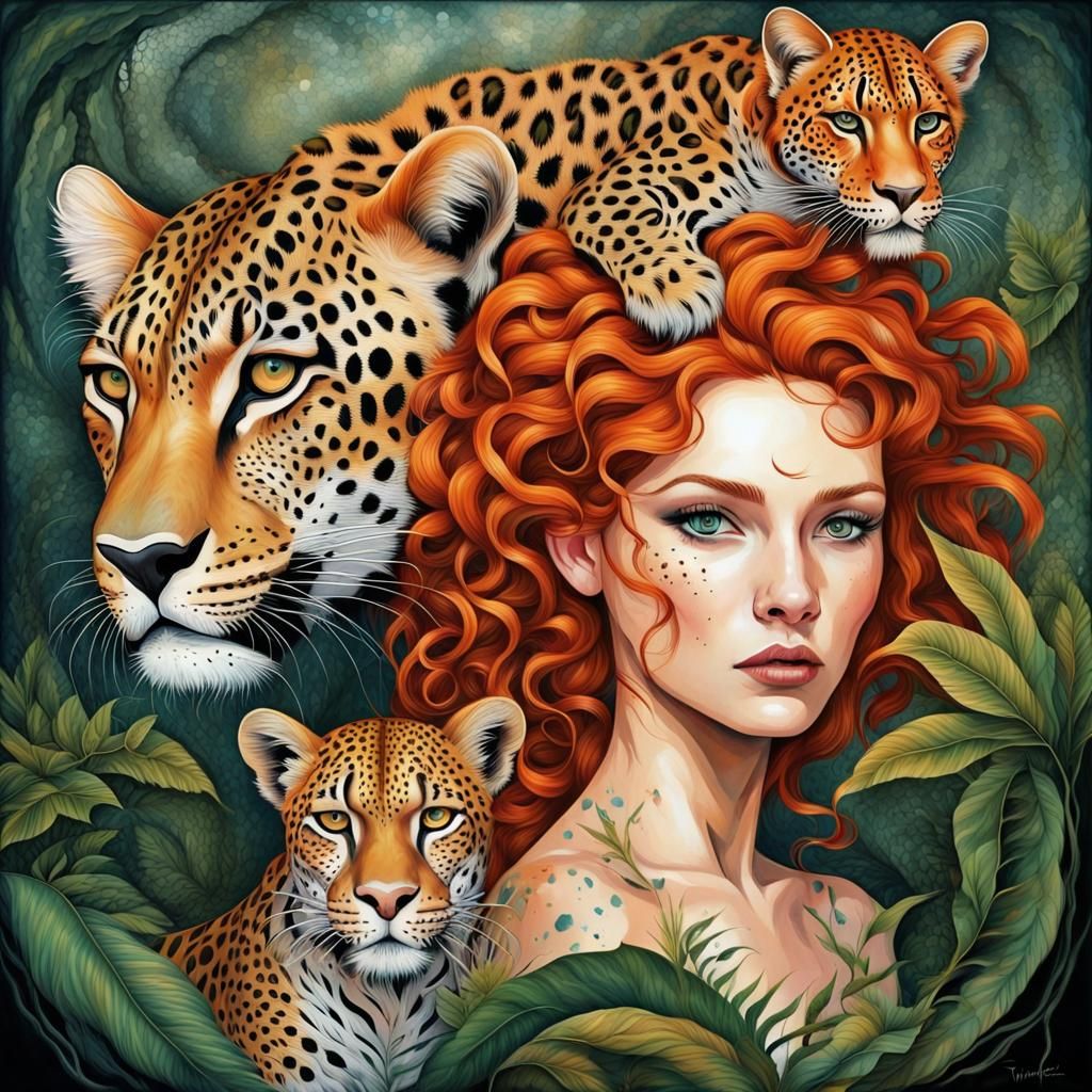 Redhead Jungle Girl and Leopard in Grunge Art Style