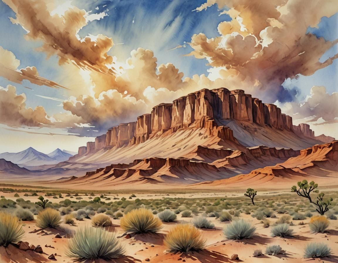 Desert Landscape in Opaque Watercolor Gouache Style