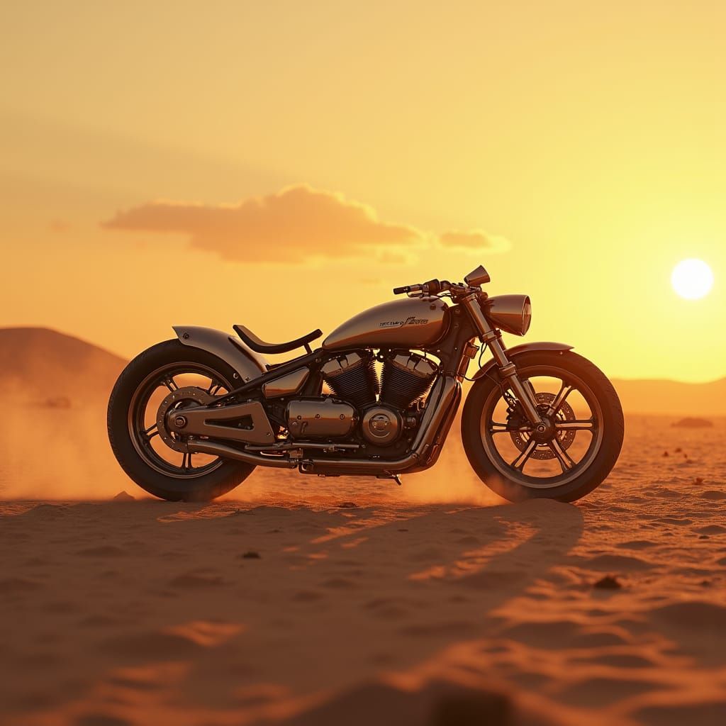 Retro-Futuristic Motorcycle in Desert Sunset