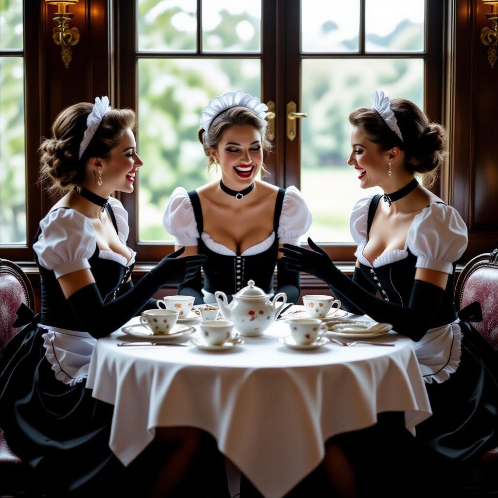 Elegant Maids Enjoying Tea on Vintage Train