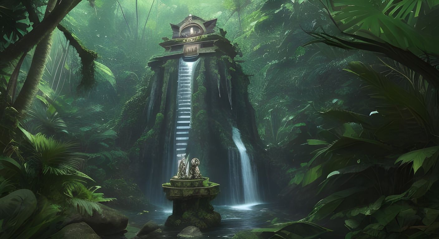 Jungle Waterfalls with Owl Totem: An Animistic Vision