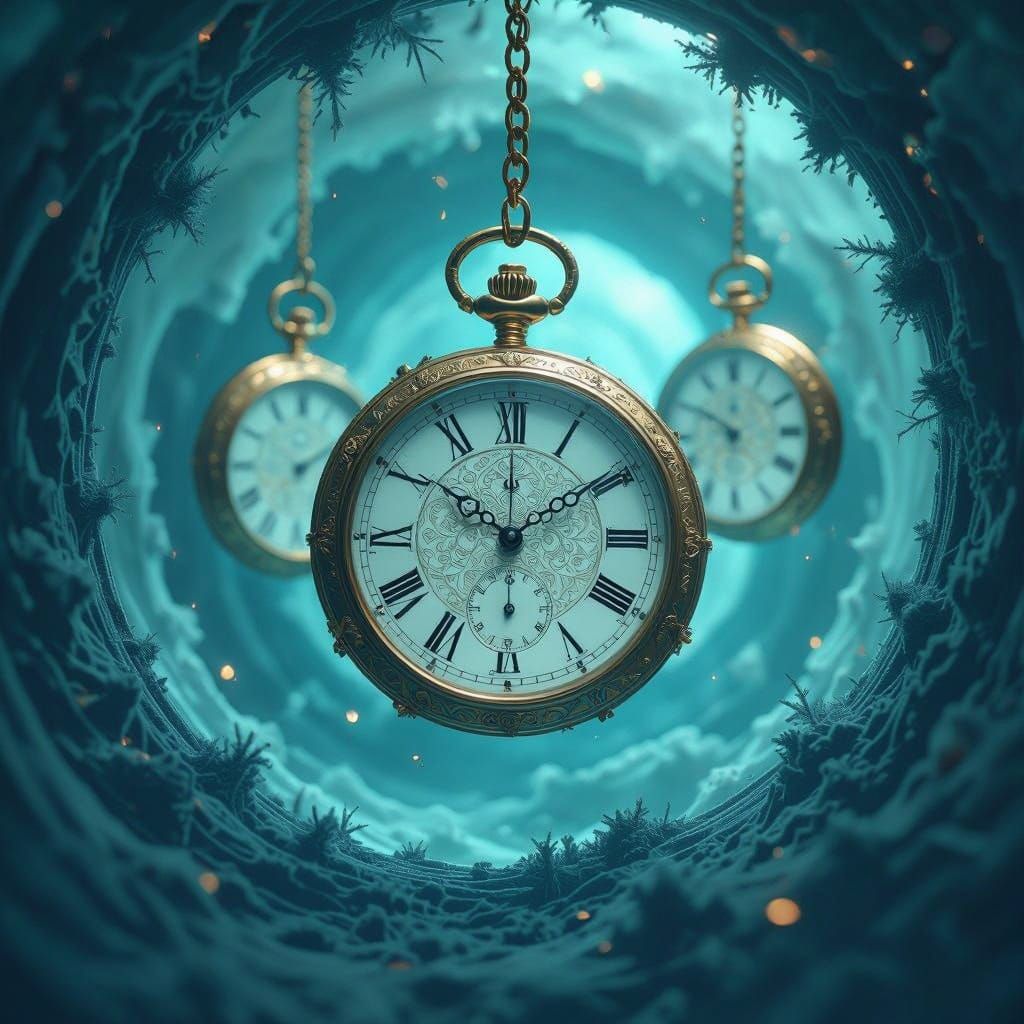 Surreal Timepieces Fall Through Cosmic Vortex in Teal Glow
