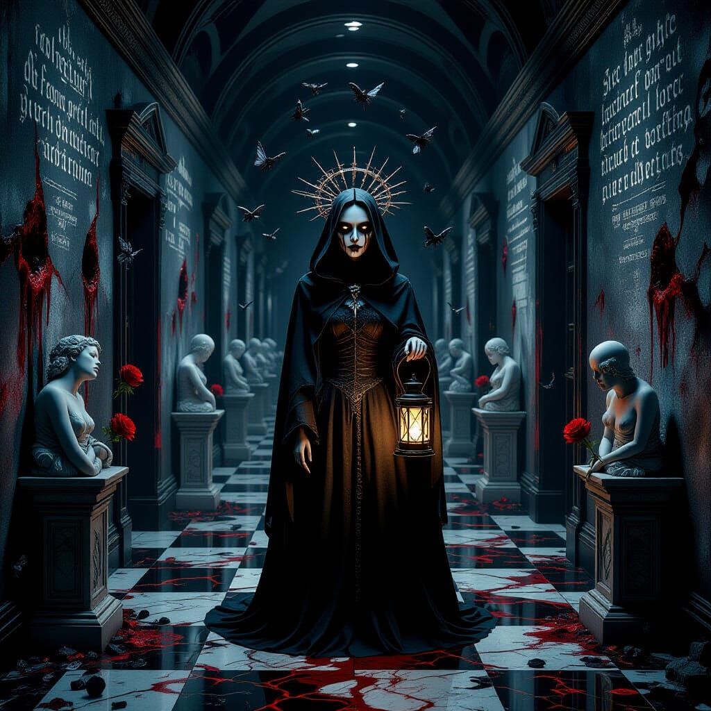 Gothic Surrealism Corridor With Cloaked Figure
