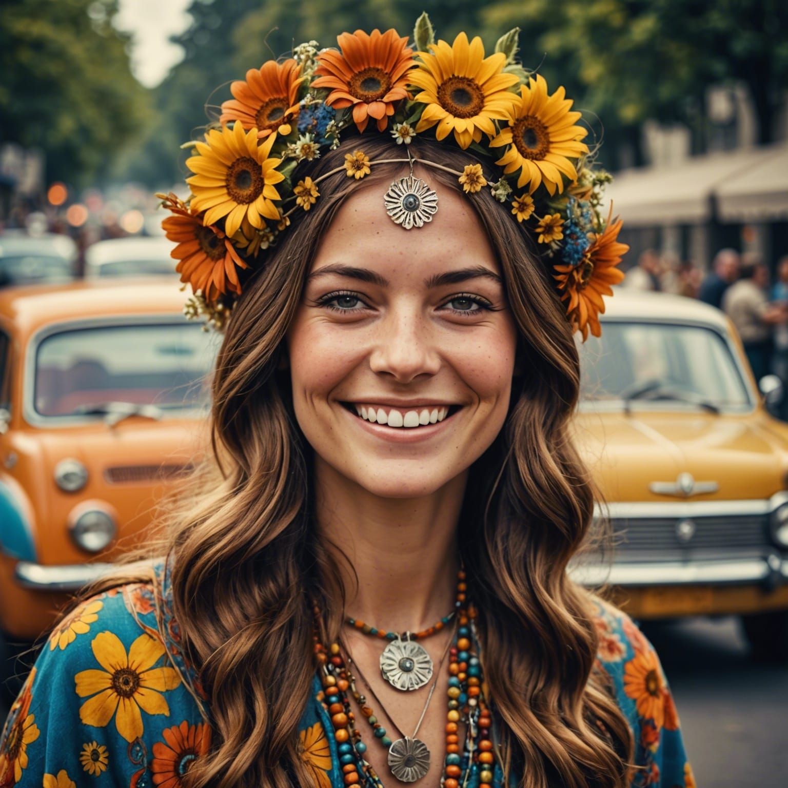 1960s Hippie Woman with Flower Power Style