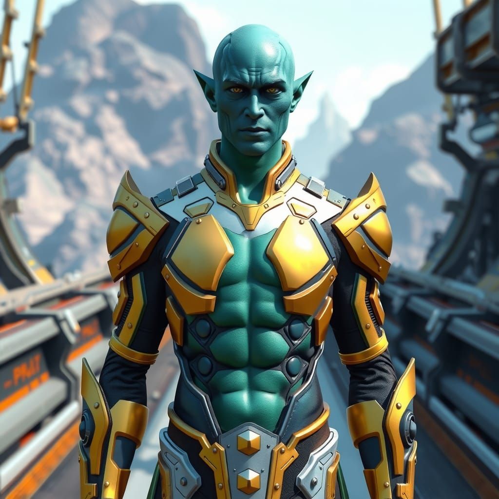 Green Alien Warrior in Futuristic Armor