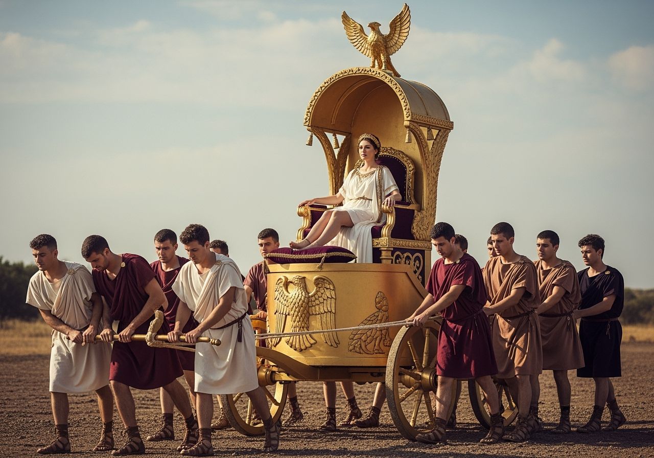 Regal Roman Empress on Gold Chariot Throne