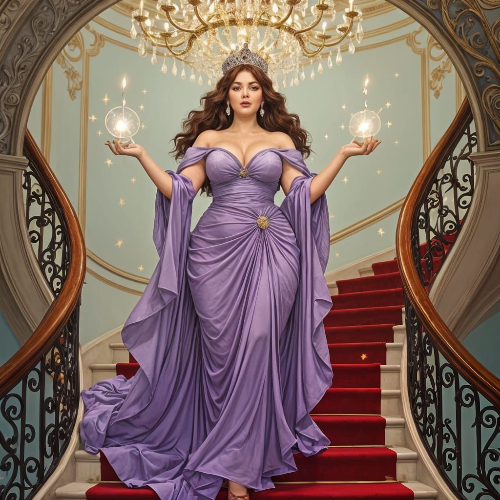 Woman with Crown Casting Magic on Red Staircase