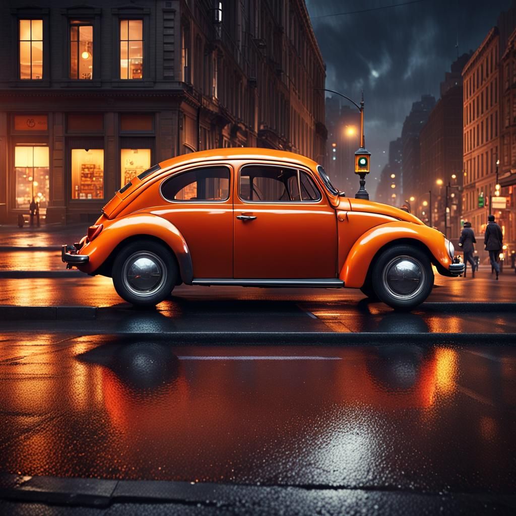 Volkswagen Beetle Cruises a Neon City Street